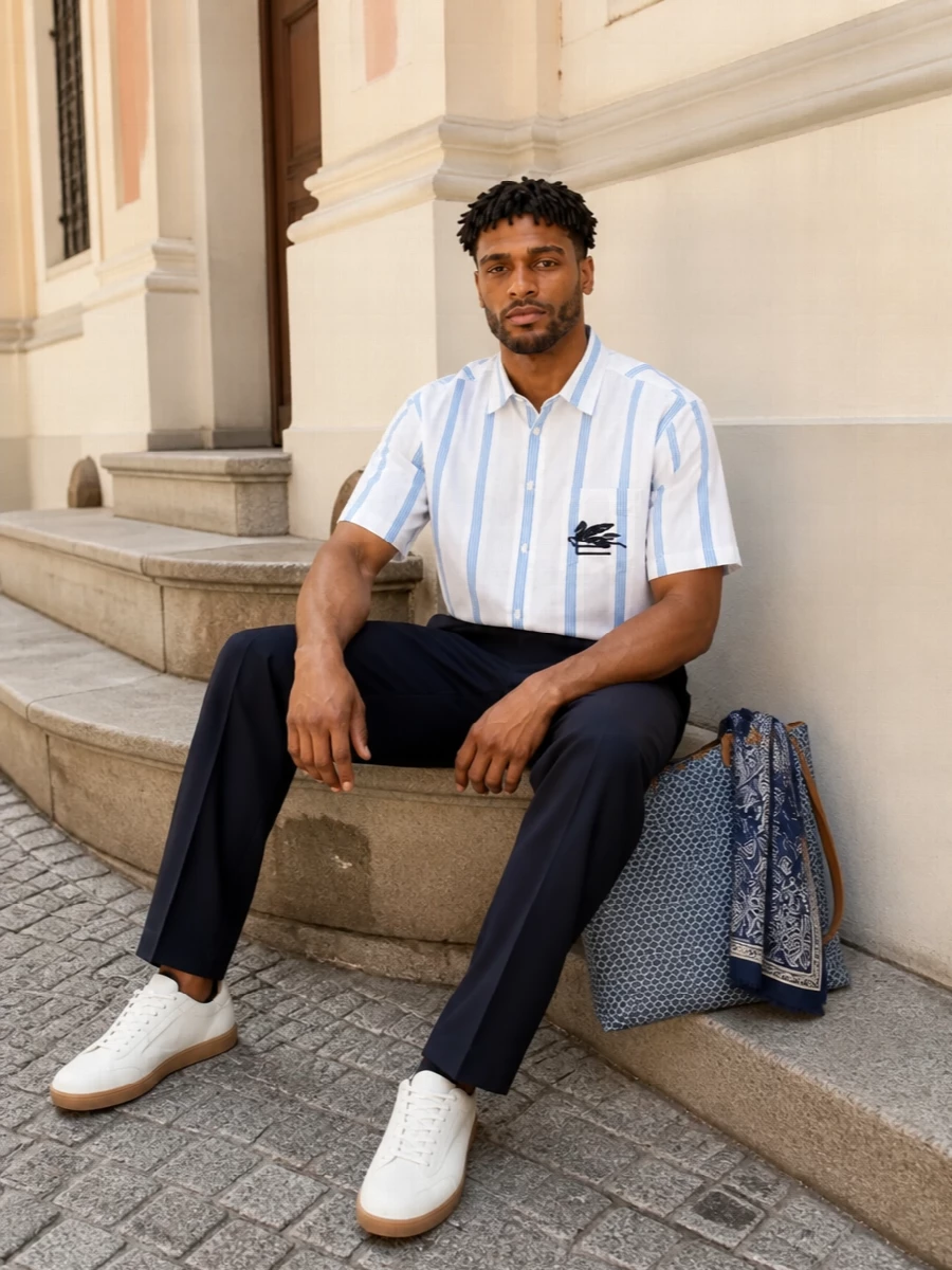 Etro striped shirt navy trousers sneakers