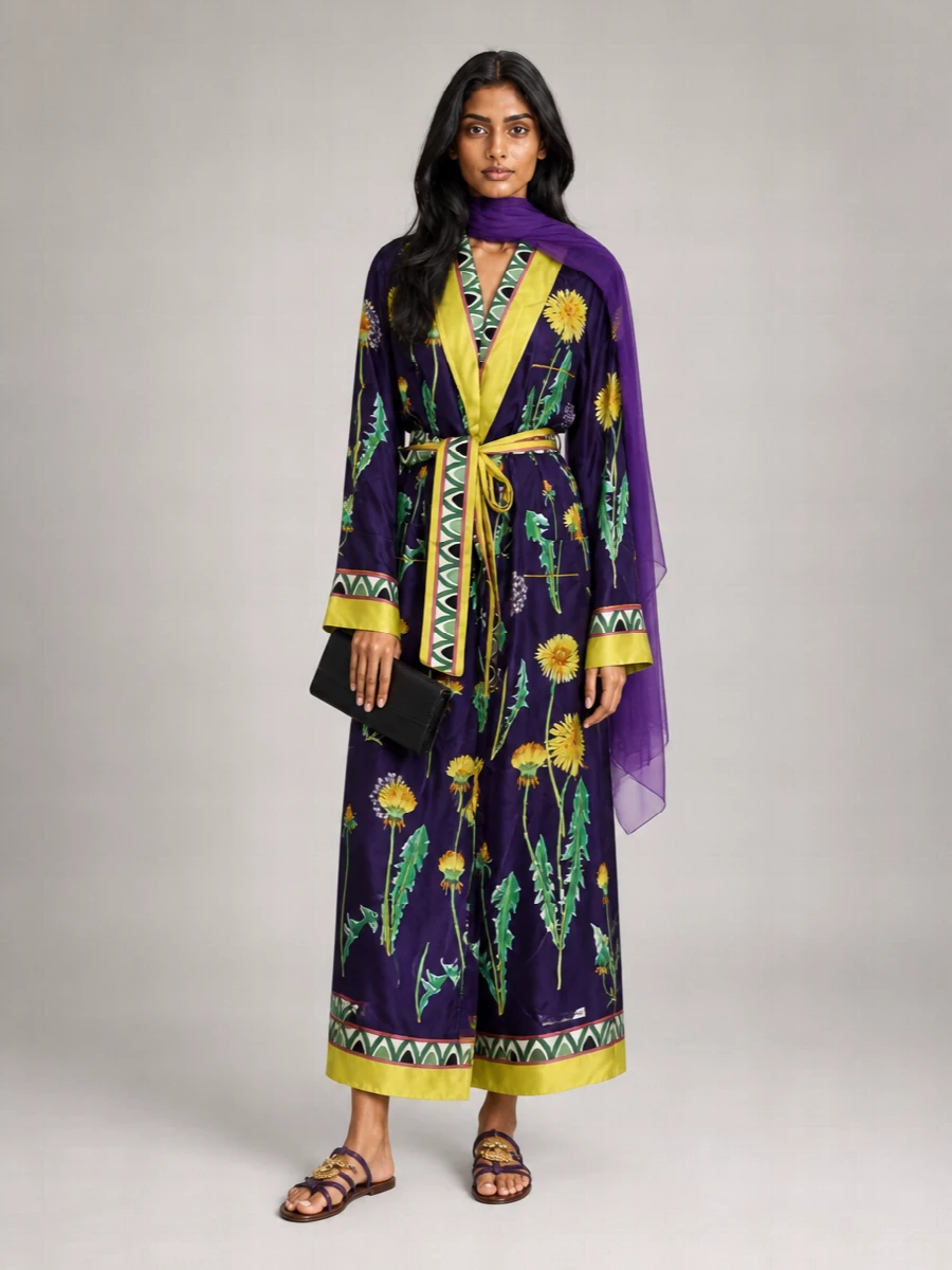 Dolce&Gabbana Silk Floral-Print Long-Sleeve Wrap Maxi Dress