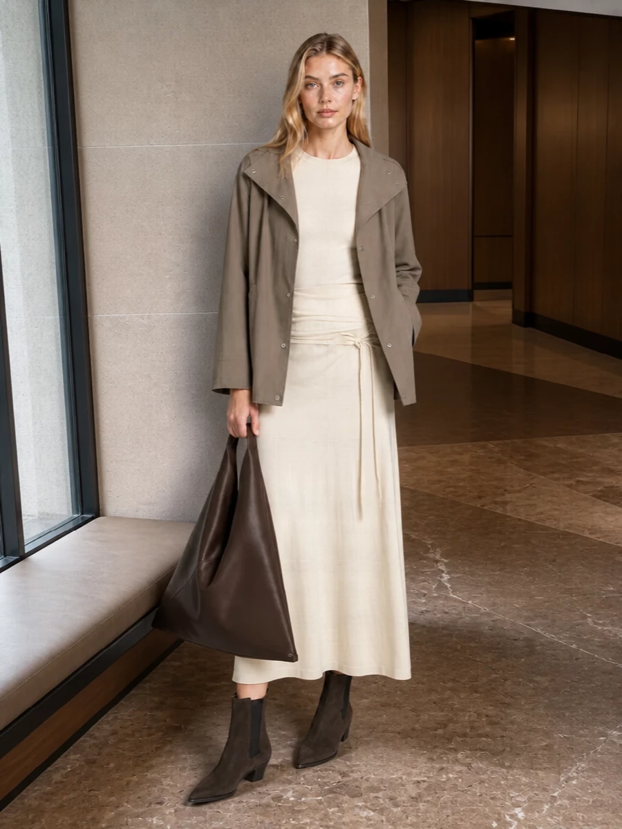lemaire knit dress with Toteme taupe coat outfit Cardigan