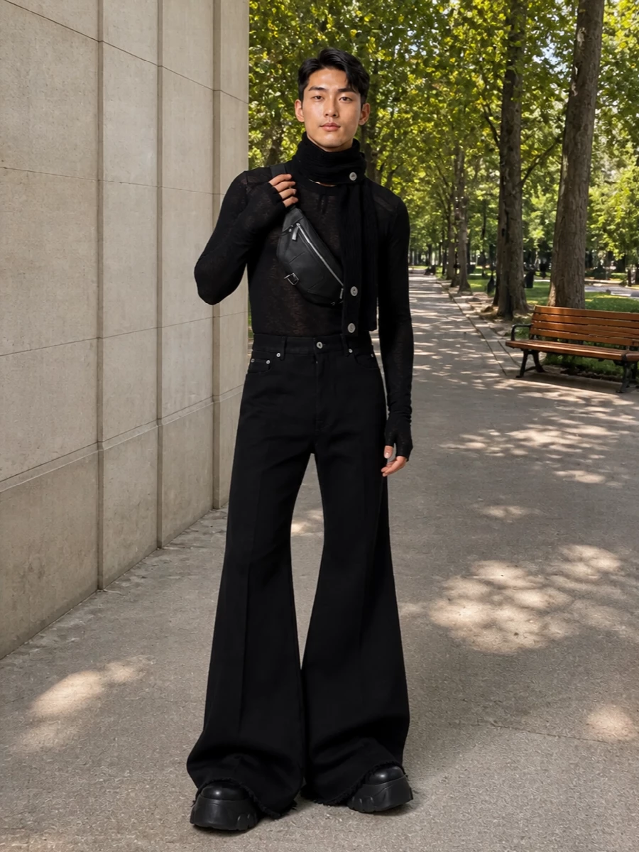 Rick owens black flared jeans chunky boots outfit