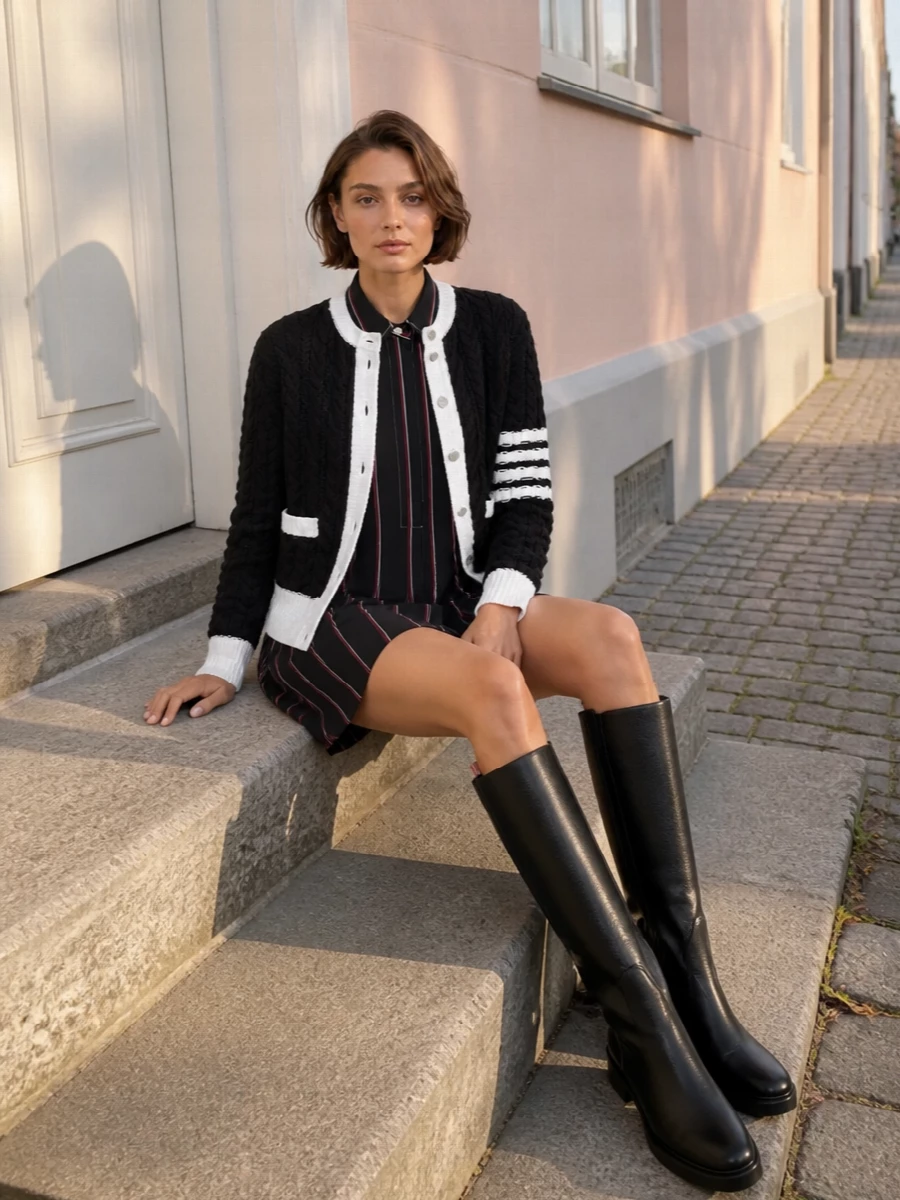 I’m anchoring this around the shirting mini rather than a separate top and bottom so the cropped cable jacket can sit cleanly over one uninterrupted column of stripes. The result is very Thom Browne uniform, all in a tight black, white, and ink palette with elongated boots to balance the short hem. It reads like a disciplined winter city uniform, quietly graphic but still soft with all the knit texture.