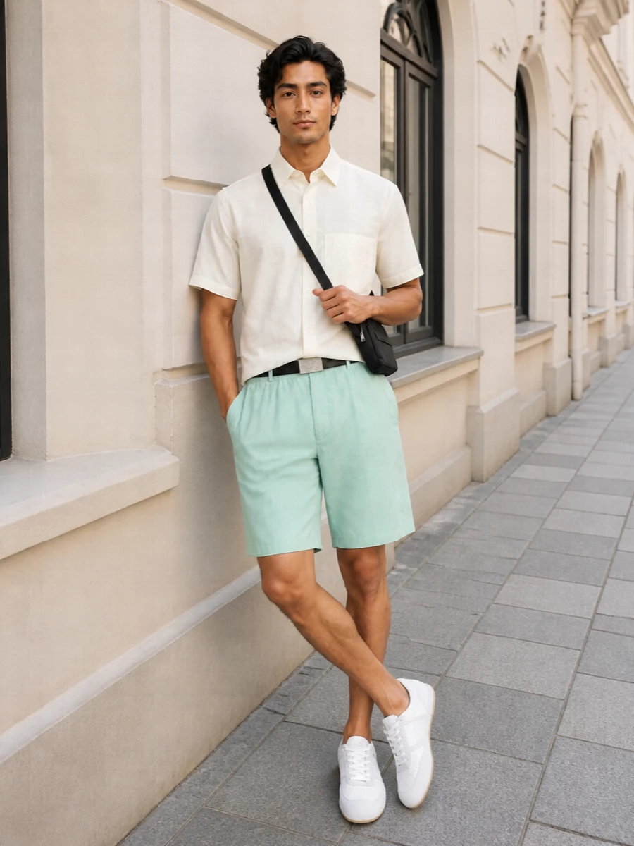 Mm6 mint shorts ivory shirt white sneakers
