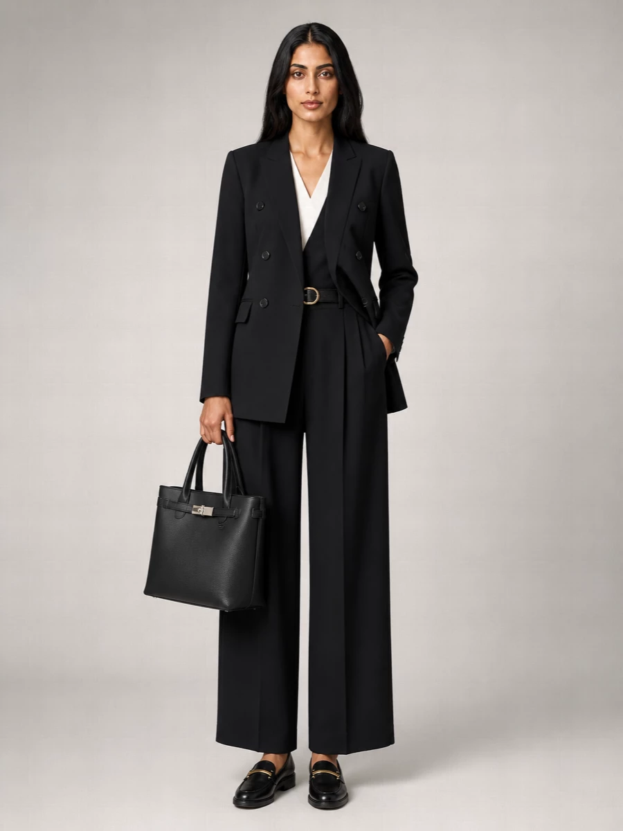 A longline double-breasted jacket and high-waisted black wide-leg trouser create a precise, columnar silhouette that feels quietly assertive from morning meetings to late dinners. Polished black loafers and a structured charcoal tote keep the mood composed and functional, while a slim leather belt adds just enough definition at the waist to sharpen the whole ensemble.