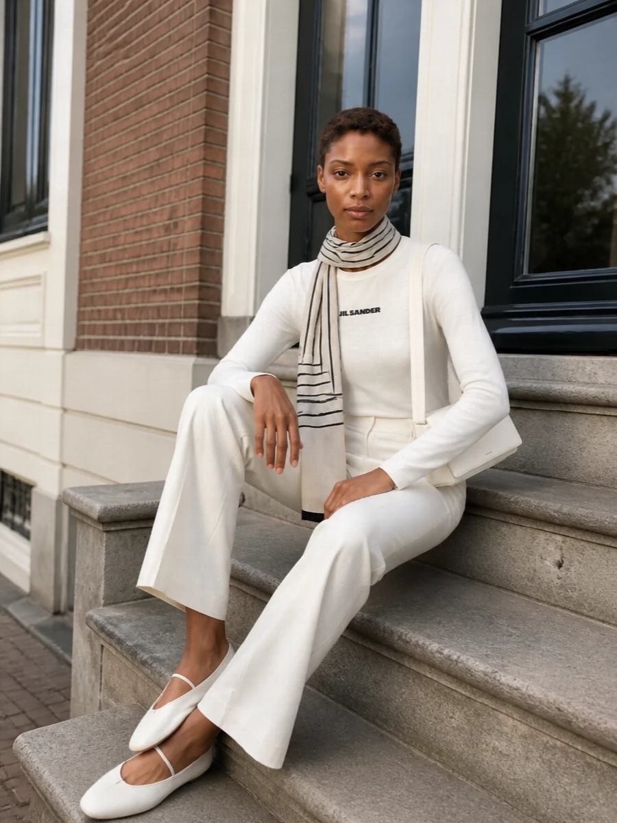 An ivory-on-ivory Jil Sander pairing lets the logo tee sit nearly tonal against sharply cut high-rise flares, reading cool and composed rather than casual. A slim ivory ballerina and compact shoulder bag keep everything close to the body, so the proportions stay long and refined. The graphic ivory scarf adds just enough black to speak to the logo, keeping the whole outfit disciplined and quietly confident for city days or gallery afternoons.