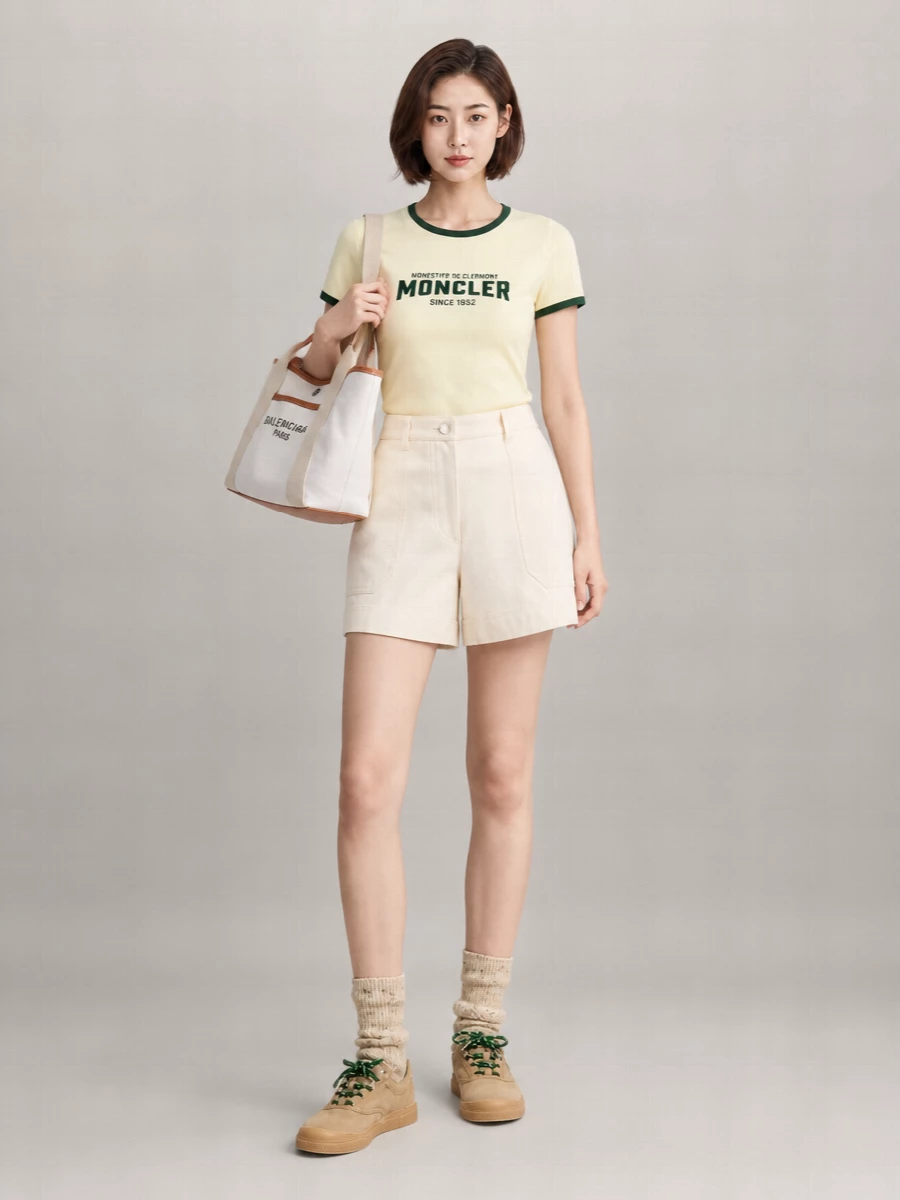 Moncler Ribbed Trim Logo Print Cotton T-Shirt