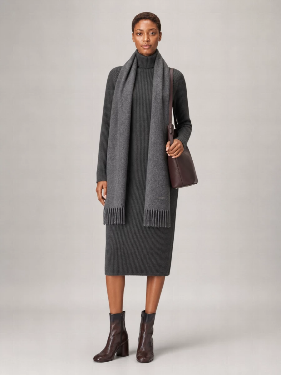S Max Mara Cashmere Wool Mock Turtleneck Raglan-Sleeve Knitted Knee-Length Dress
