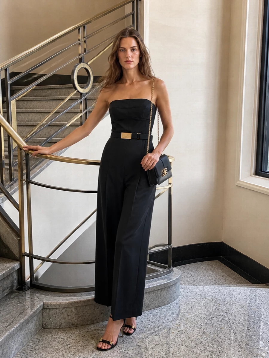 A pure black column of tailoring, cinched in gold, turns the jumpsuit into a quietly cinematic cocktail statement. High stiletto straps and a structured shoulder bag keep the lines sleek, while a single crystal‑trimmed belt adds just enough light at the waist. It is polished, leggy and precise, ideal for evenings when you want structure with a soft, romantic edge.