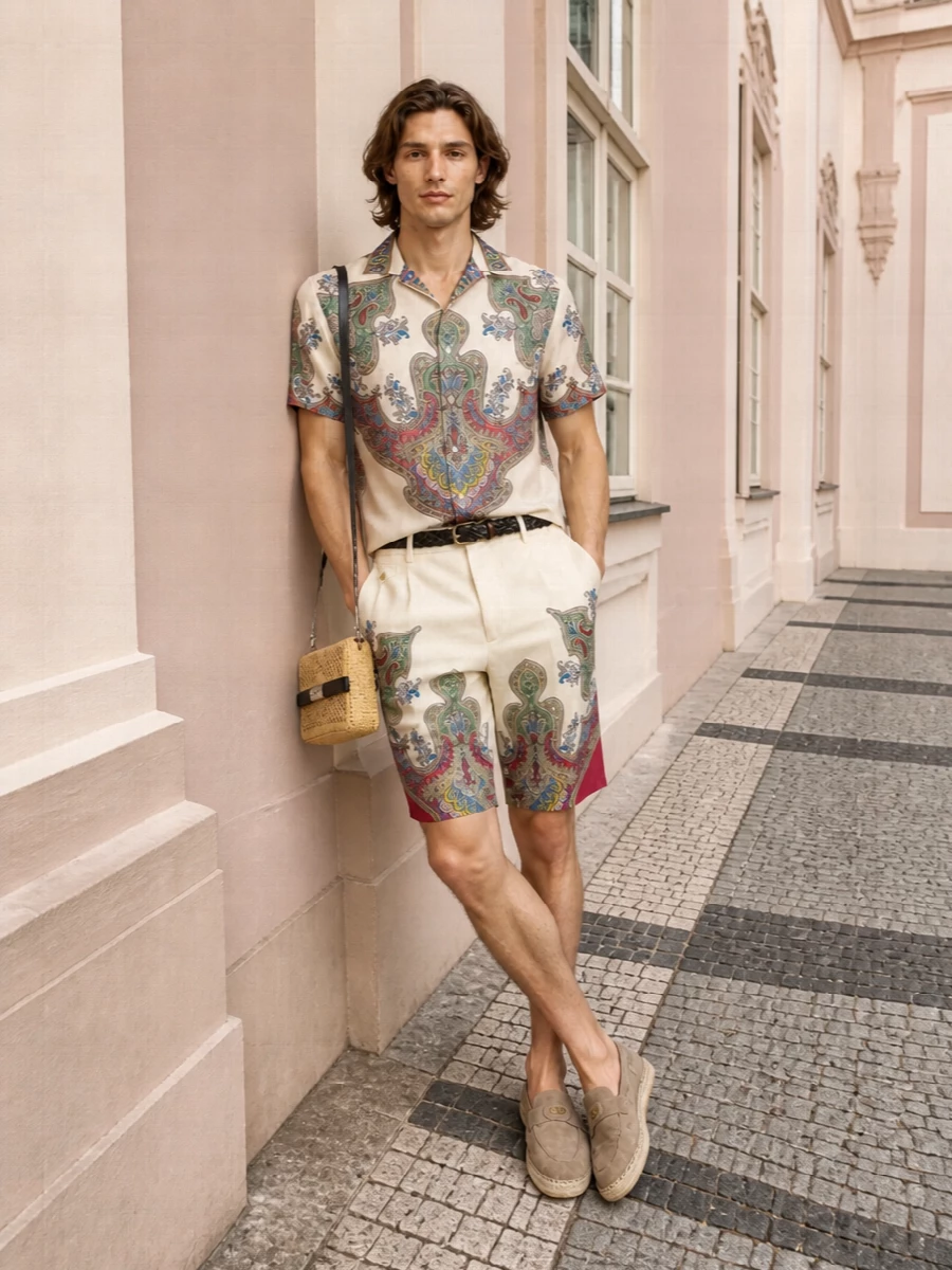 Etro paisley shirt shorts outfit espadrilles