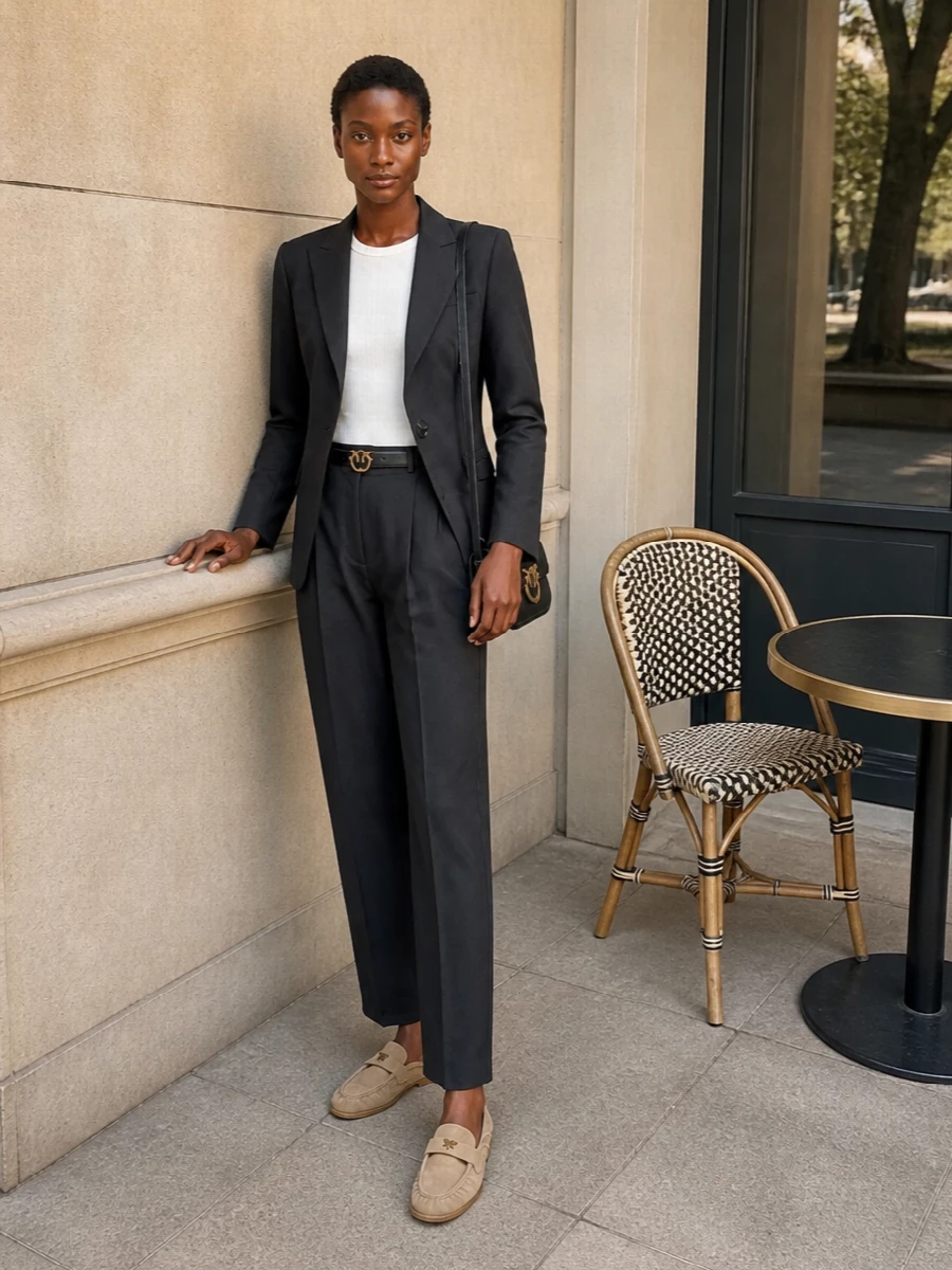 A charcoal-and-black column of tailoring, softened with tonal high-waist trousers and a barely-there beige mule, feels clean without reading severe. Gold hardware is kept compact and consistent, so the eye reads one continuous, quiet line from shoulder to hem. Wear with an ivory knit or silk camisole underneath to keep the palette calm and city-ready for long days that edge into dinner.