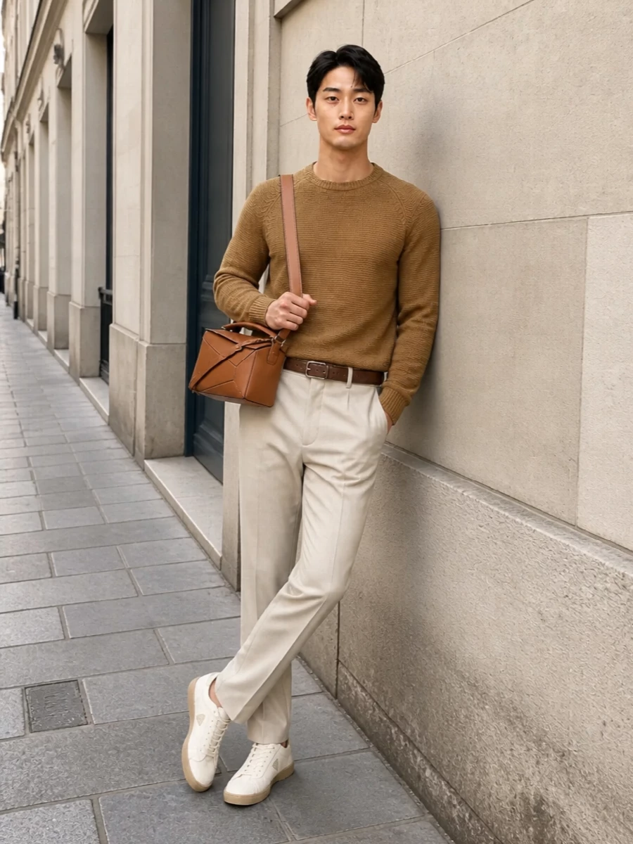 Prada camel sweater beige trousers outfit