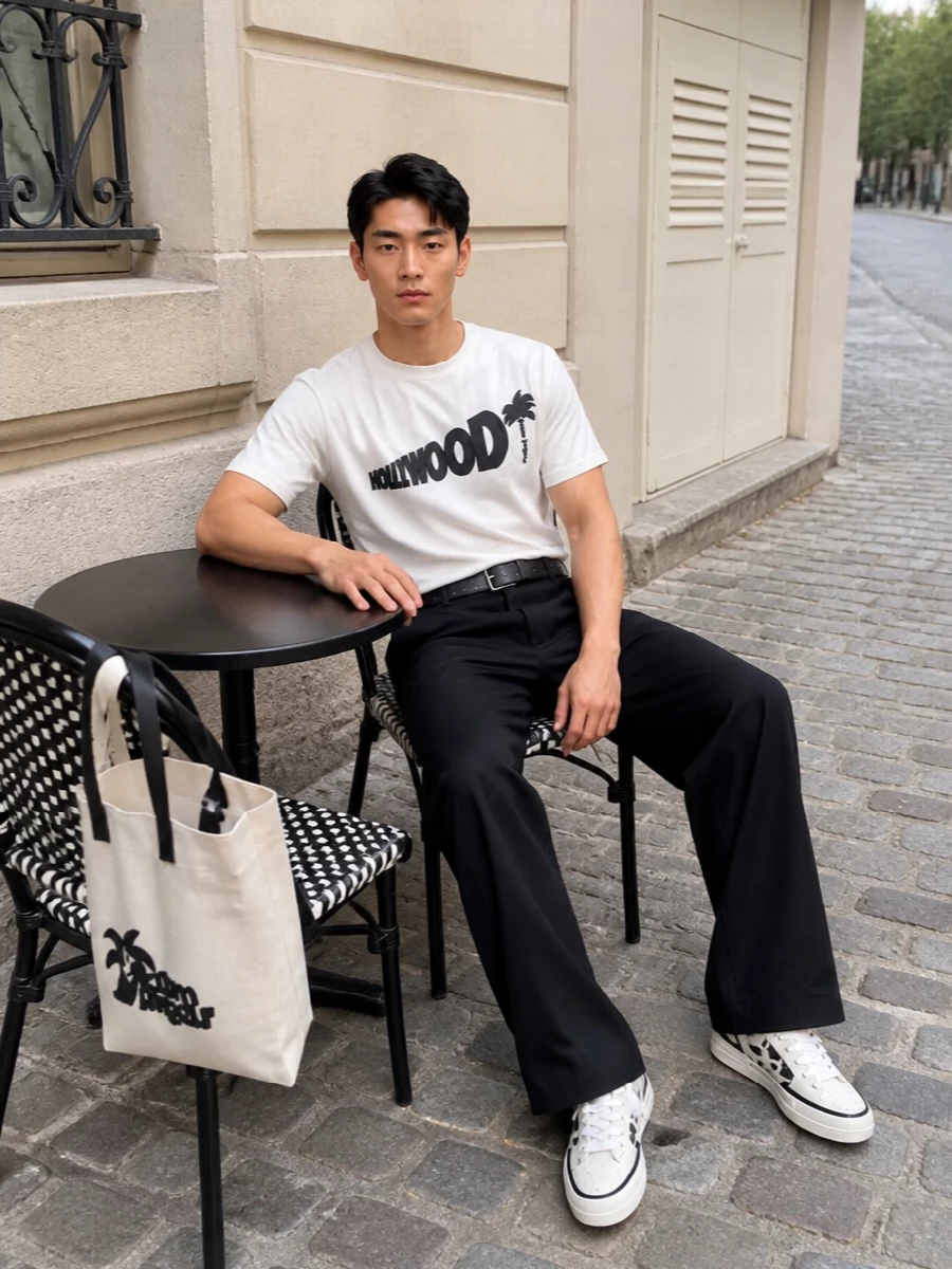 Palm angels hollywood tee wide black trousers