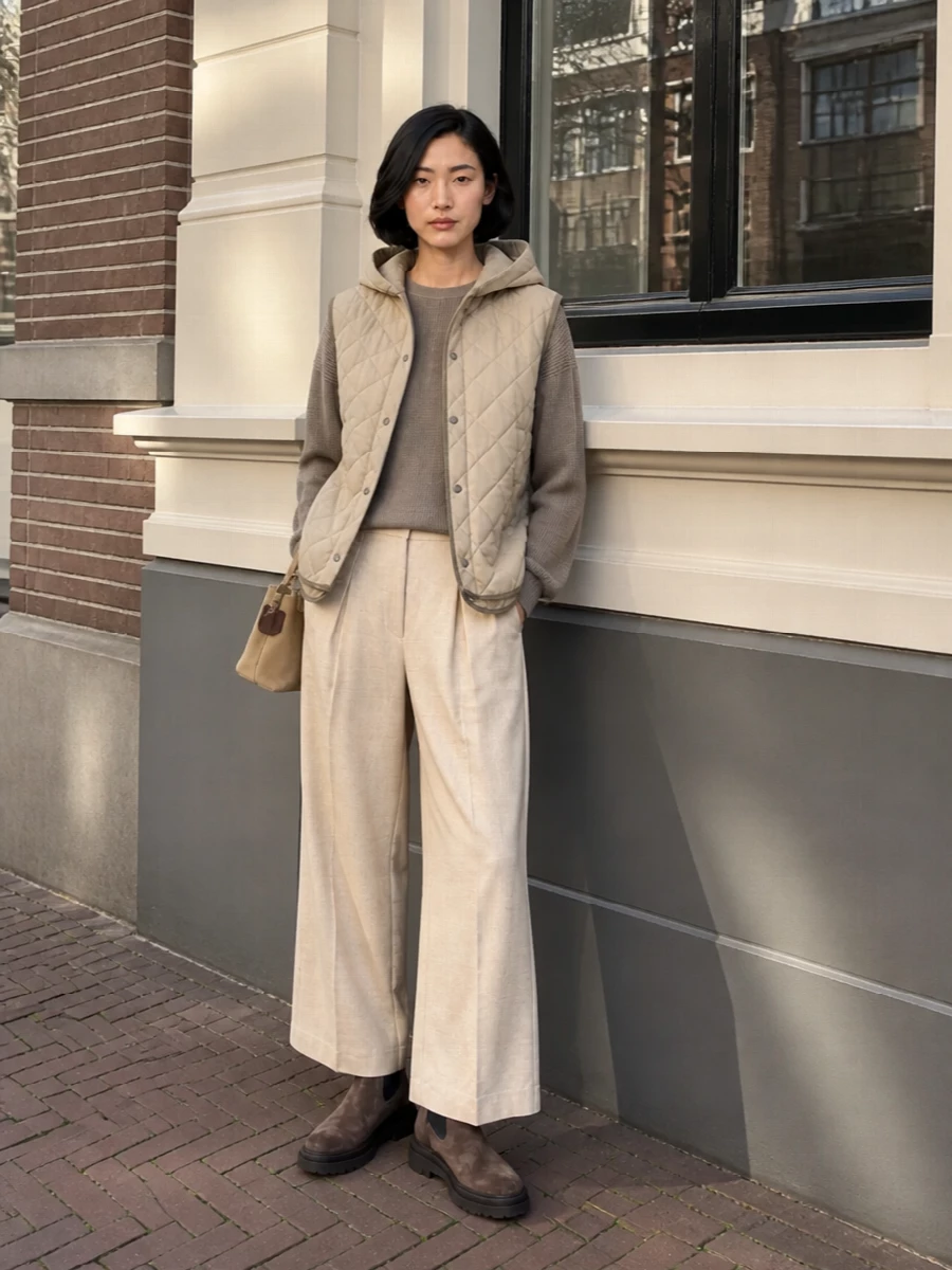 Brunello cucinelli quilted gilet wide leg trousers