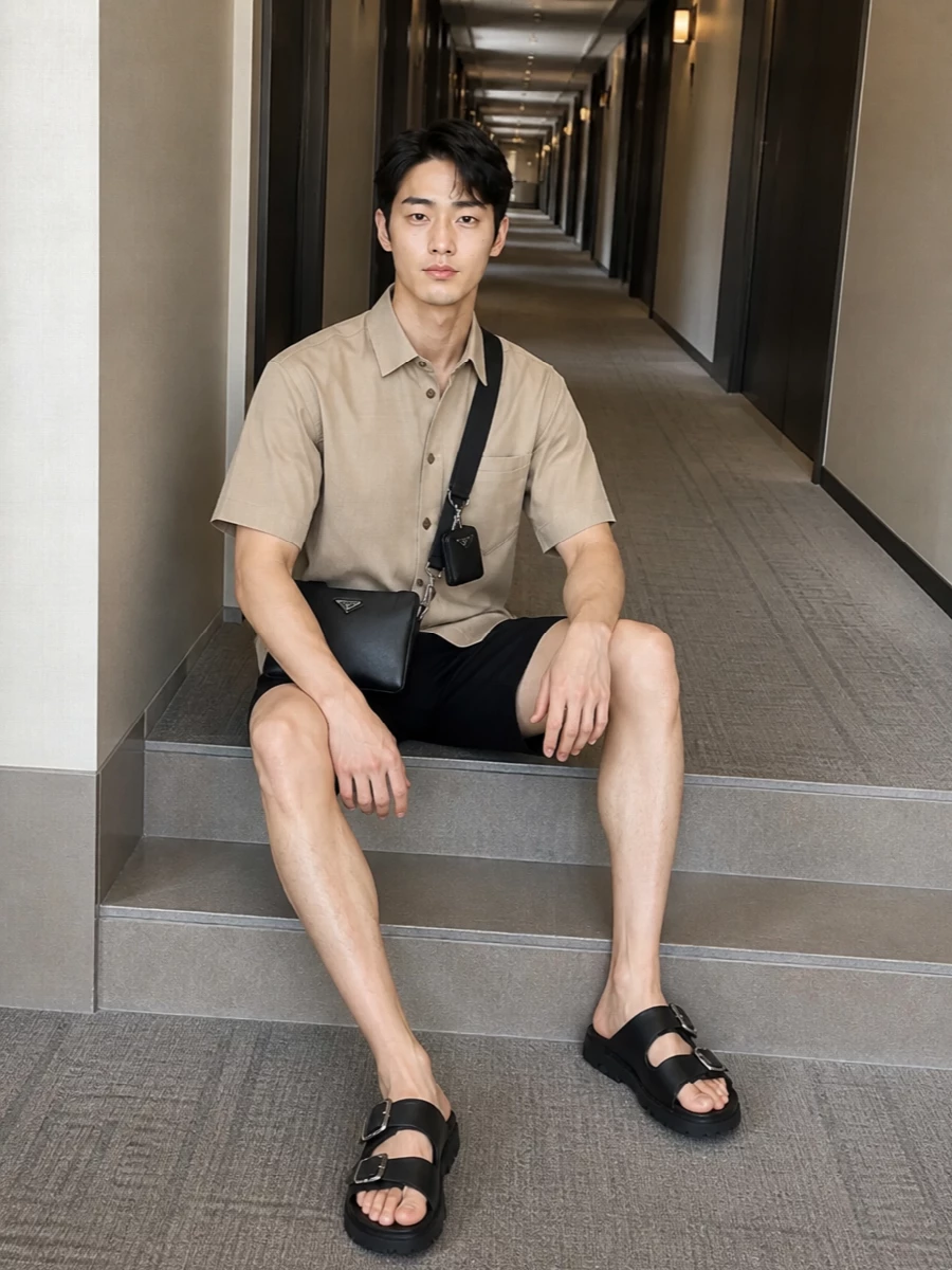 Prada black slides beige shirt tailored shorts