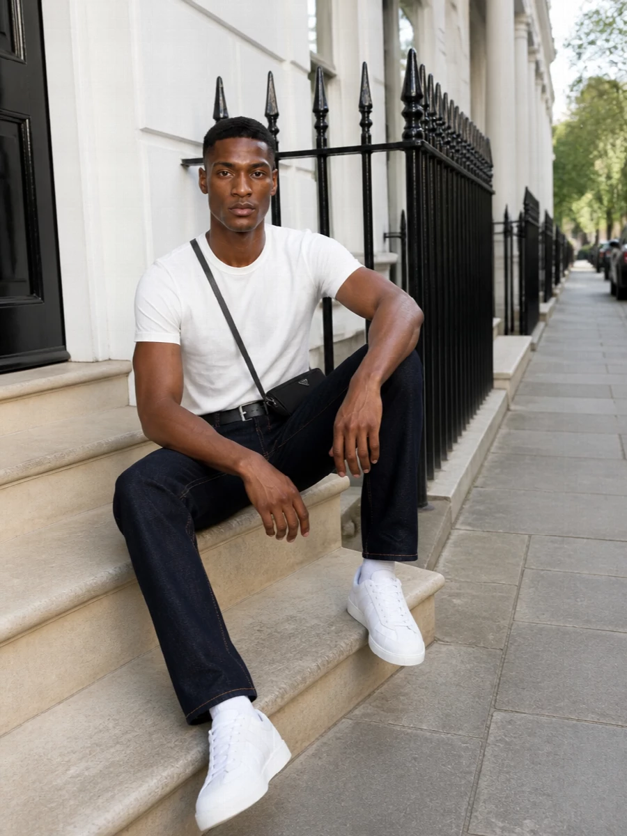 Prada dark jeans white tee margiela sneakers