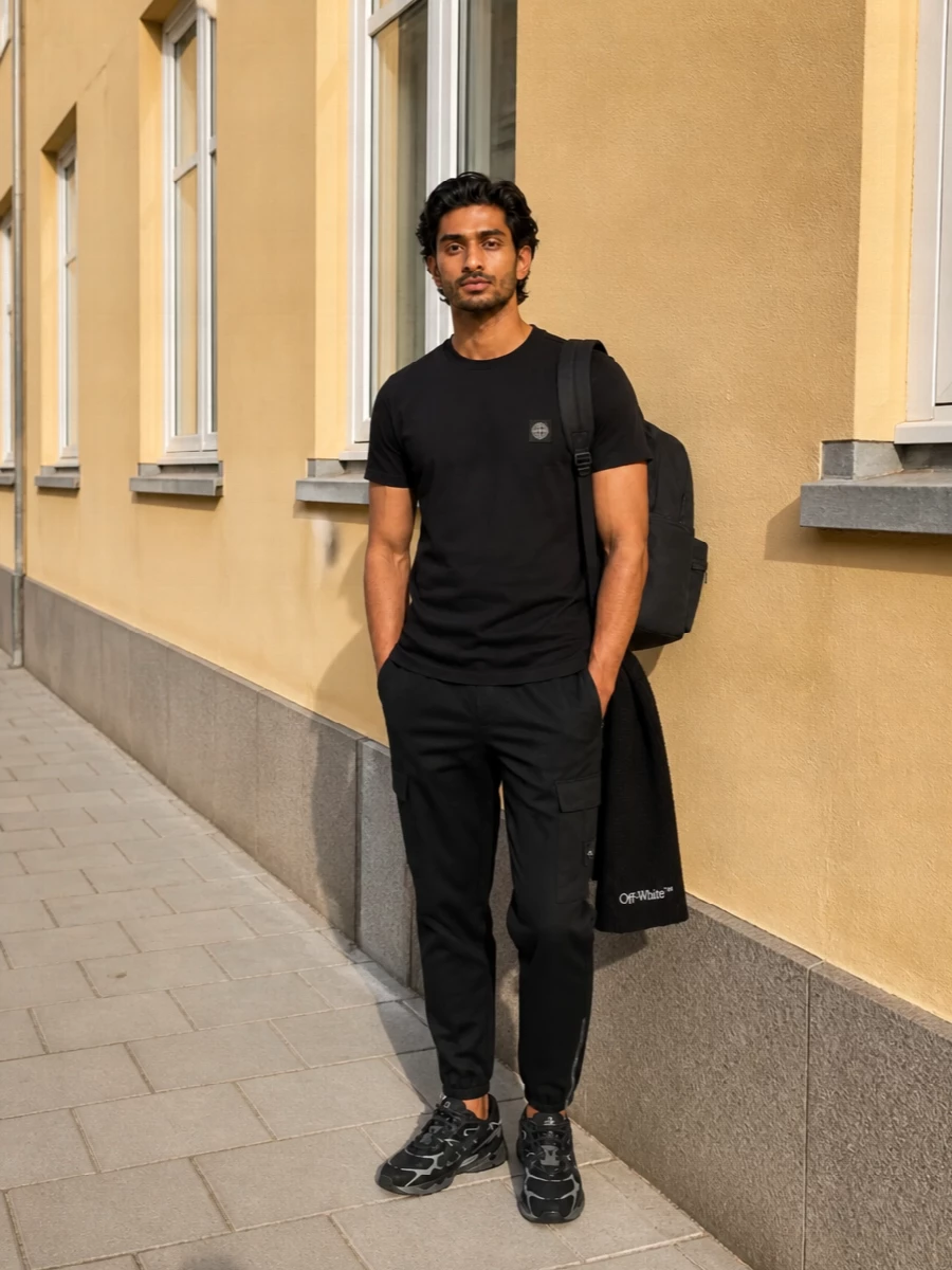 Stone island black tee cargo joggers asics runners