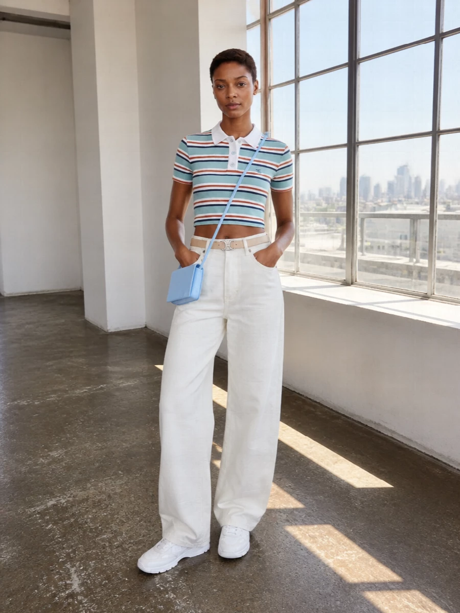 Celine striped polo wide leg jeans sneakers