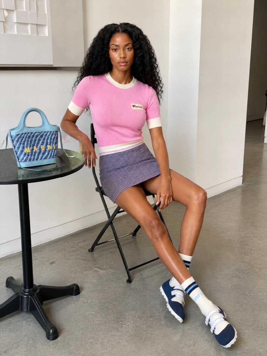 Marni preppy mini skirt pastel knit outfit