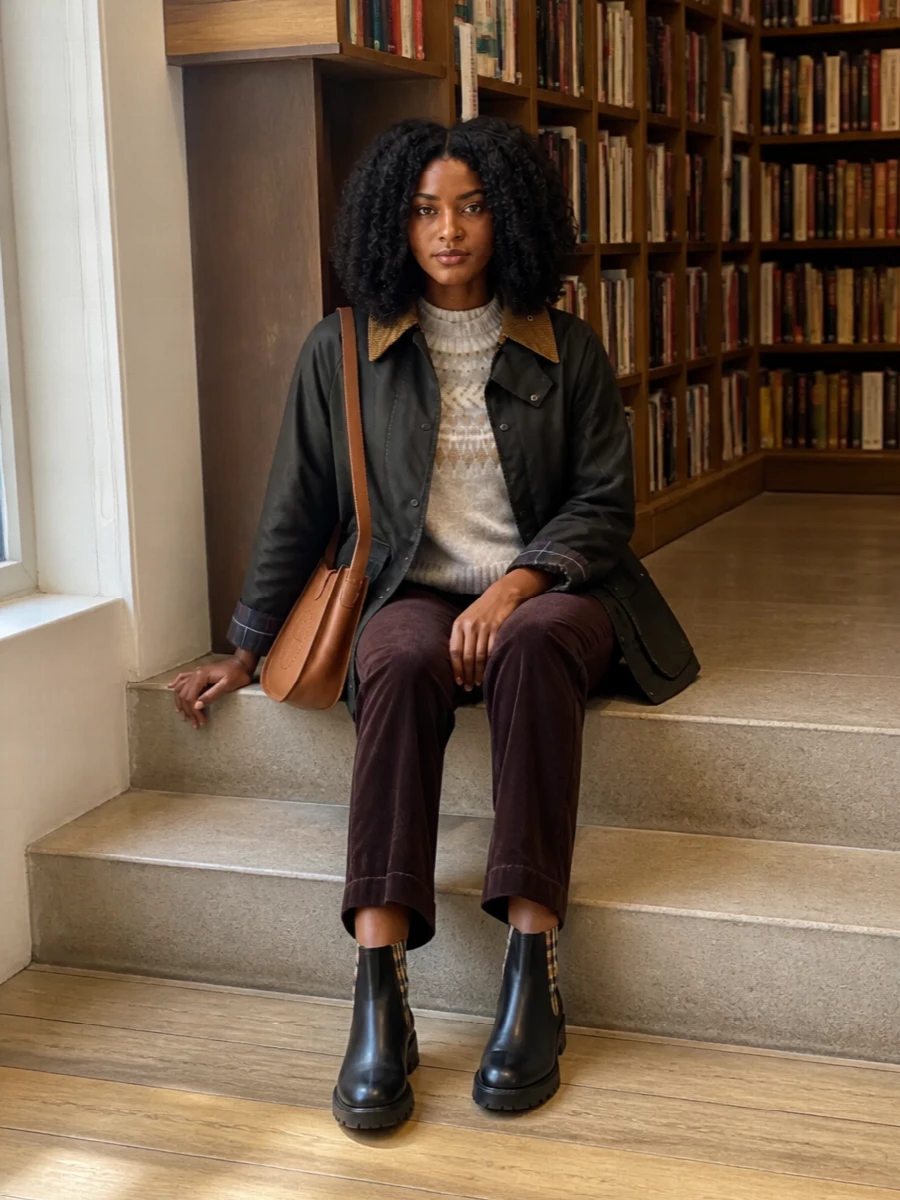 I am building around the jacket with separates rather than a dress, so the corduroy trouser and cropped knit can really echo its country-preppy character. The Fair Isle sweater lightens the dark olive shell, while the chocolate cords and black Chelsea boots keep everything grounded and practical. A warm tan crossbody picks up the collar tone and adds just enough polish for city errands or a weekend pub stop after a muddy walk.