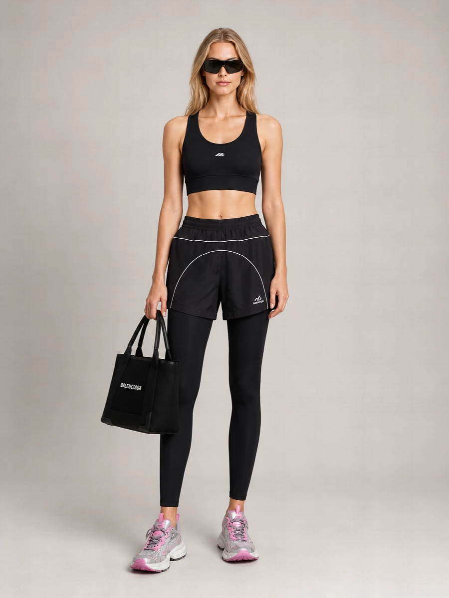 Head-to-toe Balenciaga performance pieces turn the running-short-over-legging base into a sharp, city-ready uniform. The black racerback crop keeps the lines lean, while the graphic silver and pink runners inject just enough energy against the monochrome base. A structured logo tote and wraparound shield sunglasses finish it with a polished, technical street attitude built for movement all day.