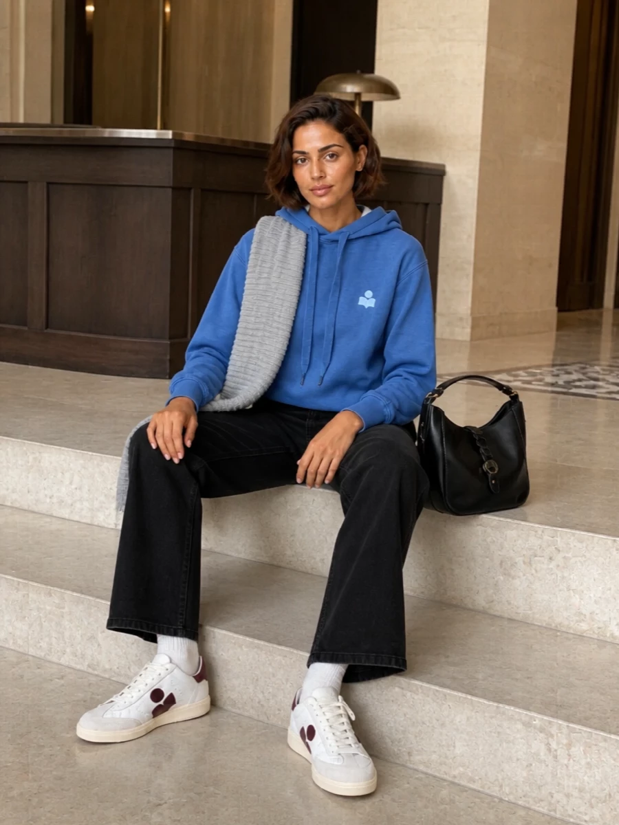 Isabel marant blue hoodie black jeans sneakers