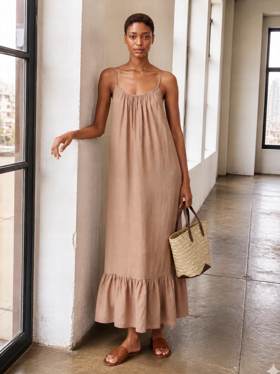 A warm nude Dries Van Noten slip grazes the body and lets the cognac Saint Laurent slides quietly ground the palette. The Lanvin straw tote in natural and chocolate brown ties in the leather while keeping the mood relaxed but precise. Choosing the dress path keeps the story clean and elongated, letting texture and tone do the work rather than seams and separates.