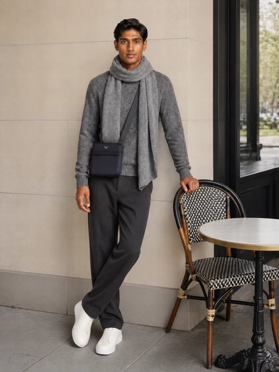 Emporio armani trouser grey knit outfit sneakers
