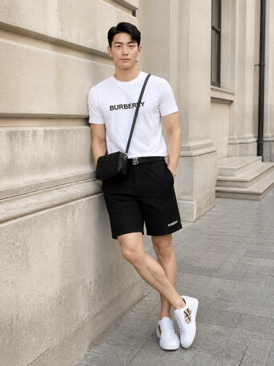 Burberry logo t shirt chino shorts outfit