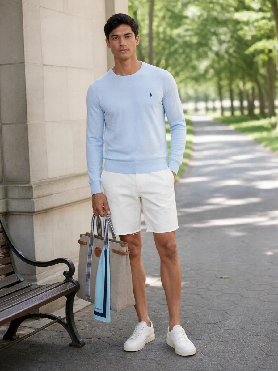 Polo ralph lauren blue sweater white chinos outfit