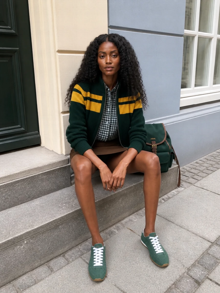 I am building around the bomber with a top and mini rather than a dress, so the proportions stay crisp at the waist and the varsity story runs through every piece. The cropped check shirt, clean high-waisted mini, matching green trainers and backpack create a tight campus-in-the-city palette of forest, chestnut and mustard that feels playful but grown up. It reads as polished sport-prep, perfect for cool-weather days when you want the jacket to be the hero without the rest feeling like an afterthought.