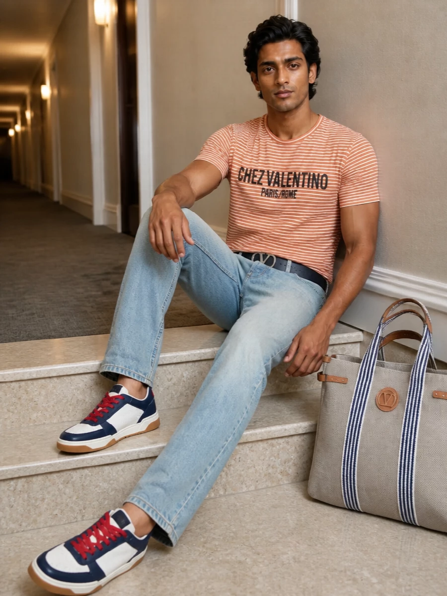 Valentino striped tee light wash jeans outfit
