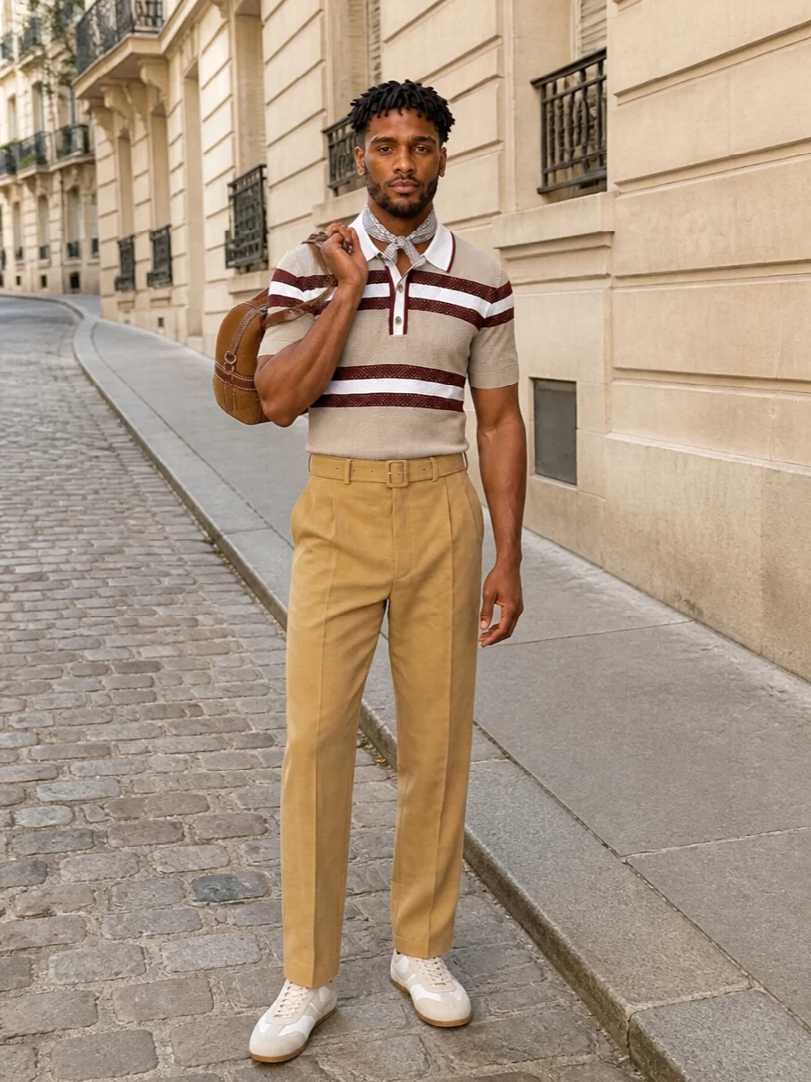 Dries van noten knit polo camel trousers outfit