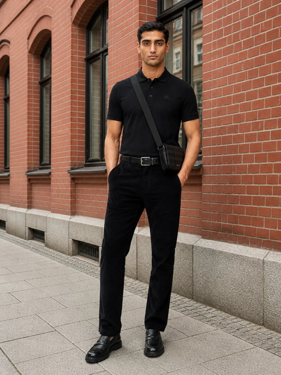 A black-on-black Burberry base lets the polo read sharp and intentional rather than basic. Straight-leg textured trousers and lug-sole loafers keep the line clean while adding subtle structure. The tonal crossbody and slim belt finish it as a quietly polished city uniform that moves easily from desk to dinner.