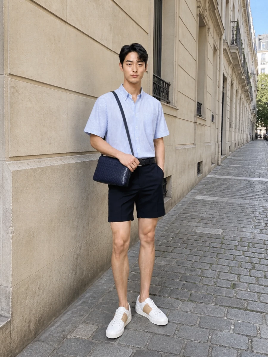 Valentino striped shirt navy tailored shorts outfit