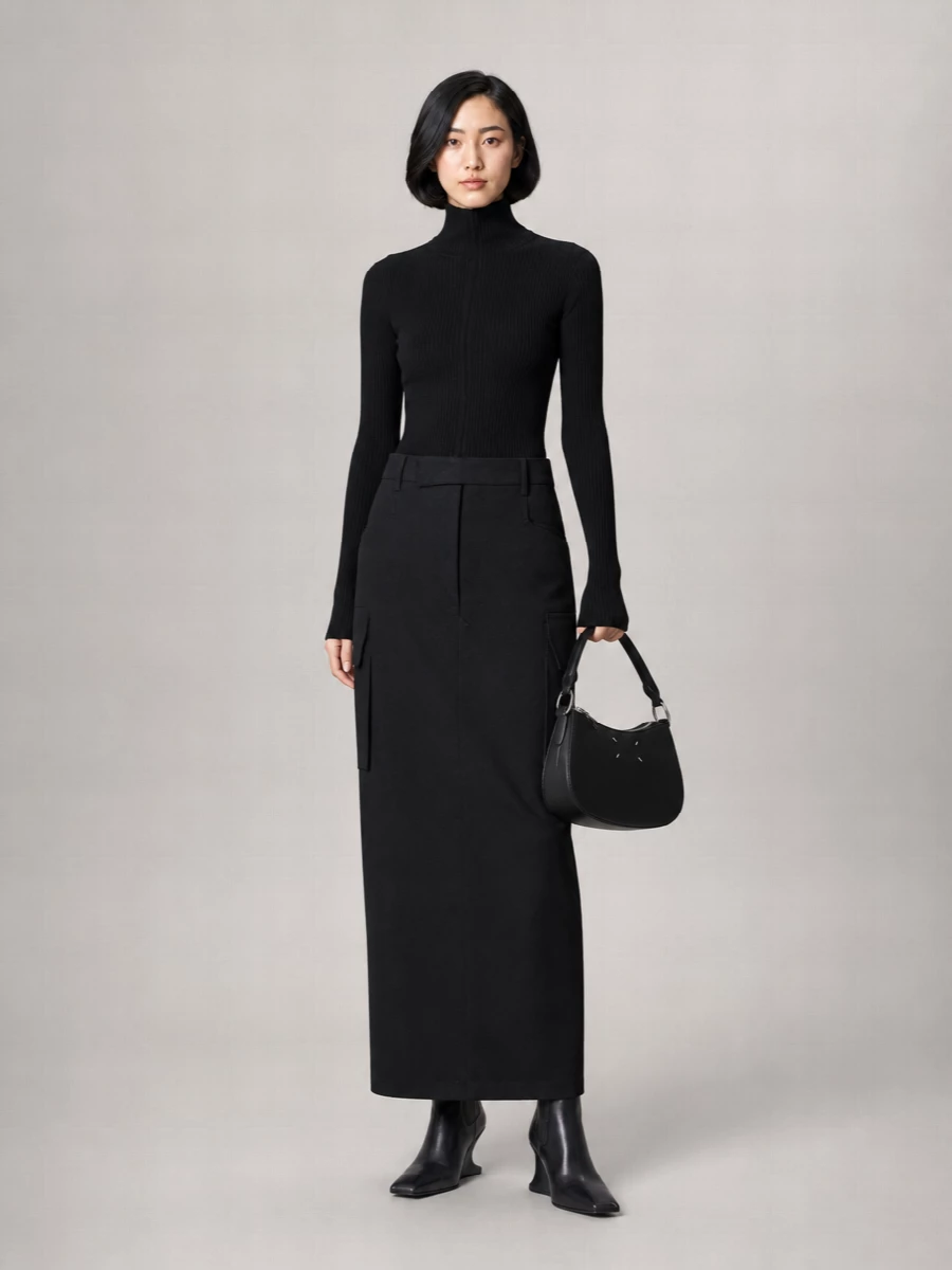 Rick Owens Virgin Wool High-Rise Cargo Midi Skirt