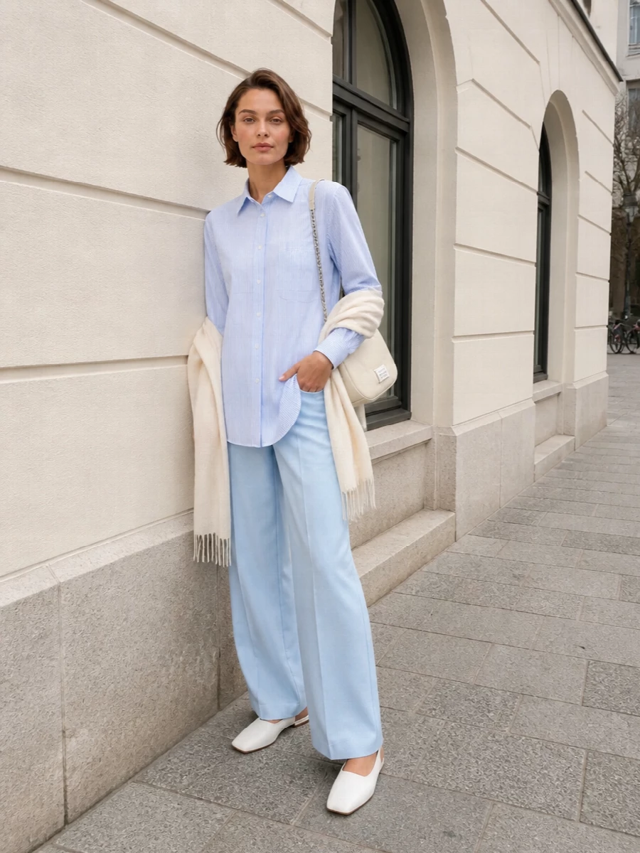 Powder blue on pale sky creates a long, clean column that feels both relaxed and precise. The flat slingback and soft neutral bag keep everything light and city-ready, ideal for days that move between desk and cafe. A gauzy ivory wrap adds just enough softness without breaking the minimalist rhythm.