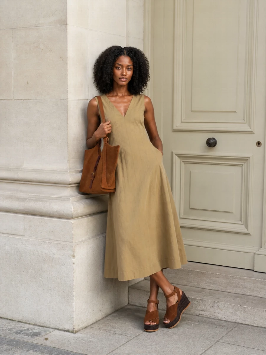 A sand-toned Bottega midi and cognac Jérôme Dreyfuss tote create a soft, tonal column that feels quietly refined yet relaxed for warm city days. Castaner’s chestnut espadrille wedges pick up the bag’s braided texture and deepen the earthy palette, keeping the mood bohemian but pared back. Choosing the dress route here lets the bag read as the hero against one clean expanse of neutral, rather than breaking the line with separate top and trouser tones.