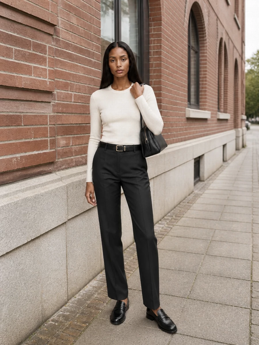 Max mara charcoal trousers ivory knit black loafers