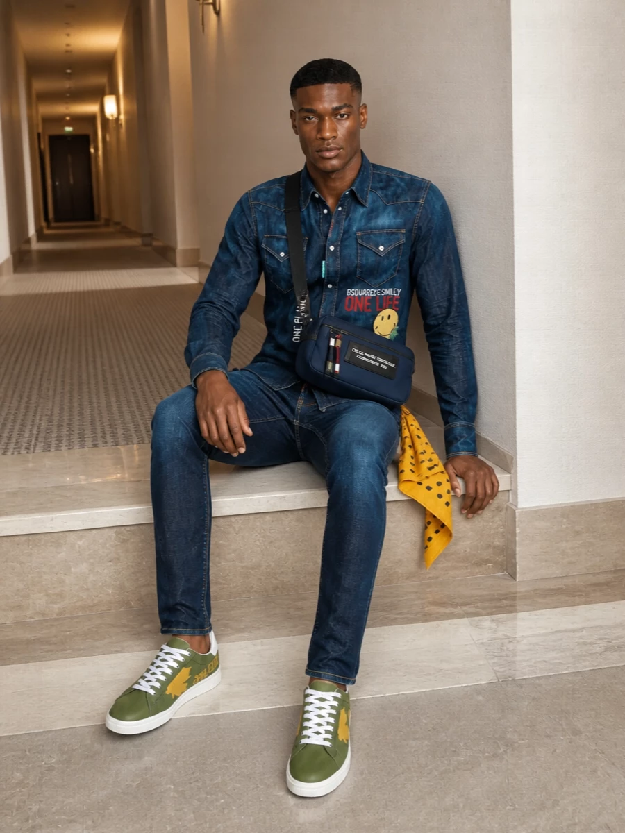 Dsquared2 denim shirt slim jeans sneakers outfit