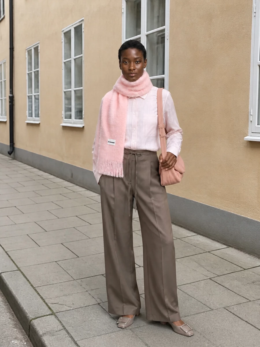 Rohe blush shirt taupe wide leg trousers outfit