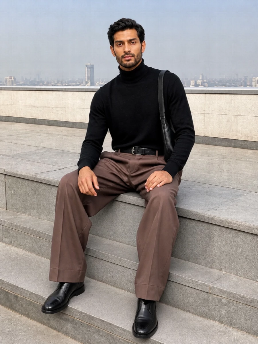 Lemaire wide leg trousers charcoal turtleneck outfit