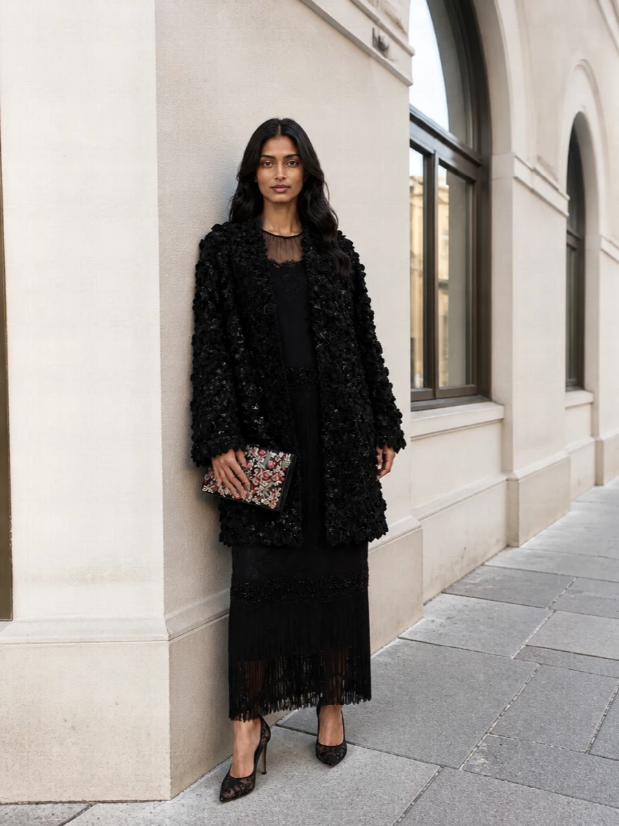 Dolce gabbana black lace evening coat gown outfit