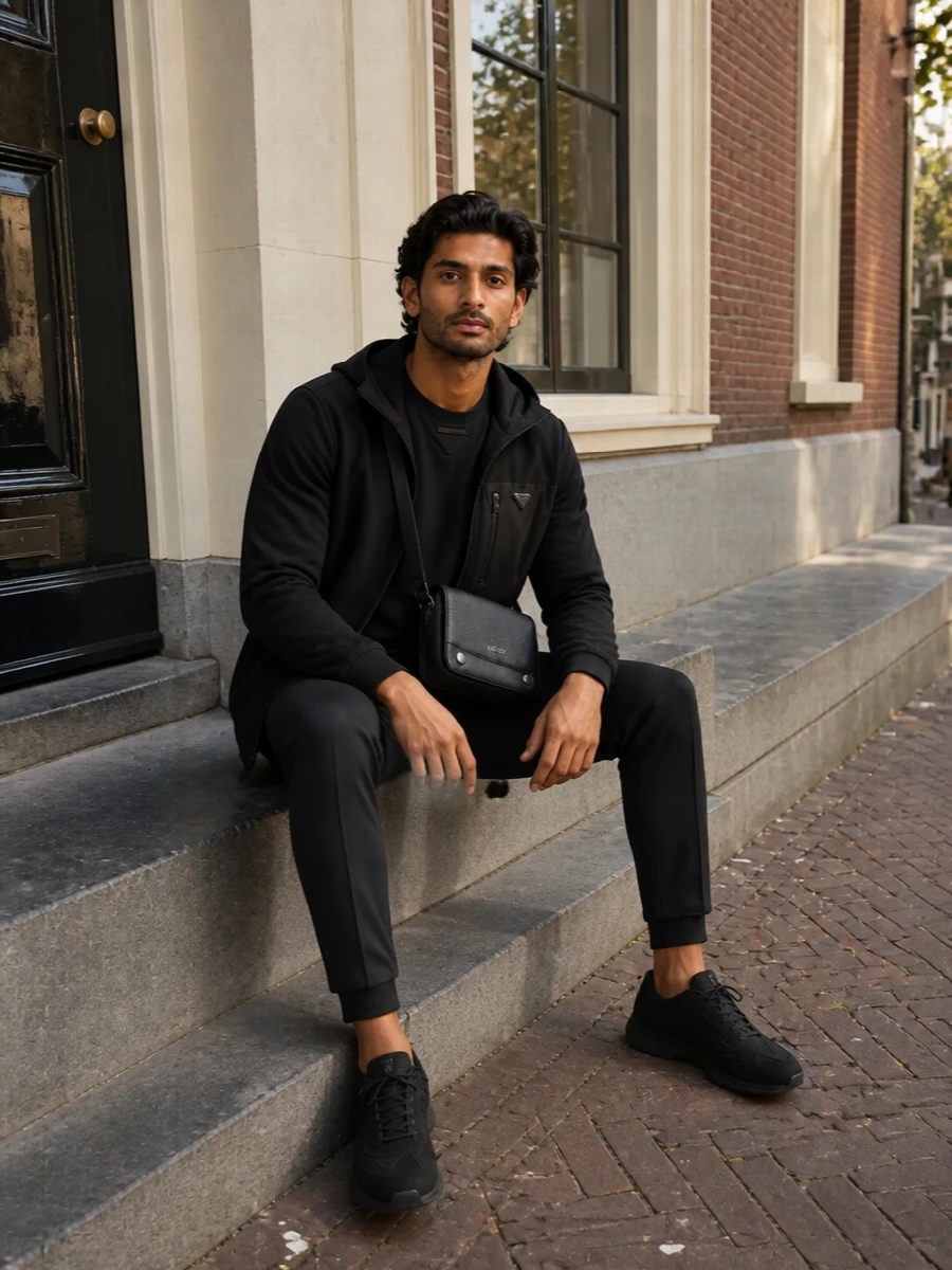 This look builds a focused monochrome urban uniform around the Prada hooded jacket, pairing it with a clean black tee and tapered technical track pants for a streamlined, athletic silhouette. All-black low-profile runners keep the line sleek and modern, while the compact Loewe crossbody introduces a precise architectural note that nudges the outfit from pure sport into refined city dressing. It’s an SS-ready, travel-and-commute outfit that feels effortless but unmistakably designer.