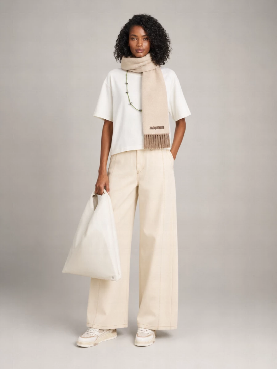 Soft neutrals stay in conversation here, with the crisp boxy tee meeting structured light-beige wide-leg trousers for a long, relaxed line. Chunky yet refined neutral sneakers keep it grounded in minimalist streetwear, while the sculptural off-white tote and tonal scarf add quiet interest without disturbing the calm palette. It is an easy, modern uniform for city days when you want comfort that still feels considered.