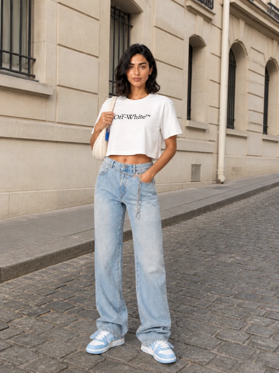 Off white jeans cropped tee blue sneakers