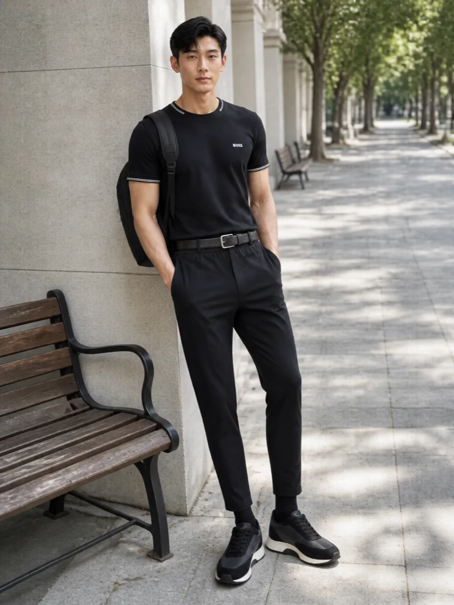 Monochrome and precise, this outfit keeps a clean sports-club energy without slipping into gym gear. The black tipped tee and cropped drawstring trouser create a neat upper block, with the technical runner and structured backpack reinforcing that city-ready, polished-off-duty attitude. A slim black belt sharpens the waist so the relaxed pieces still read put-together.
