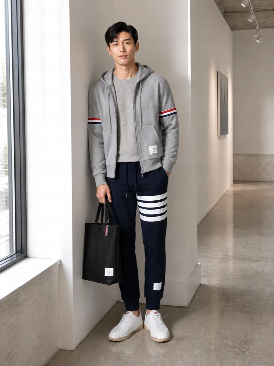 Thom browne grey hoodie navy joggers outfit
