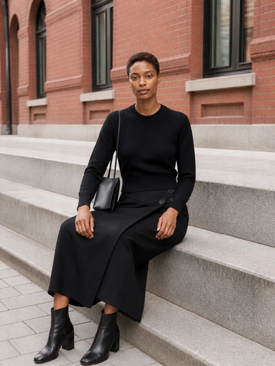 Iro black knit wrap midi skirt ankle boots
