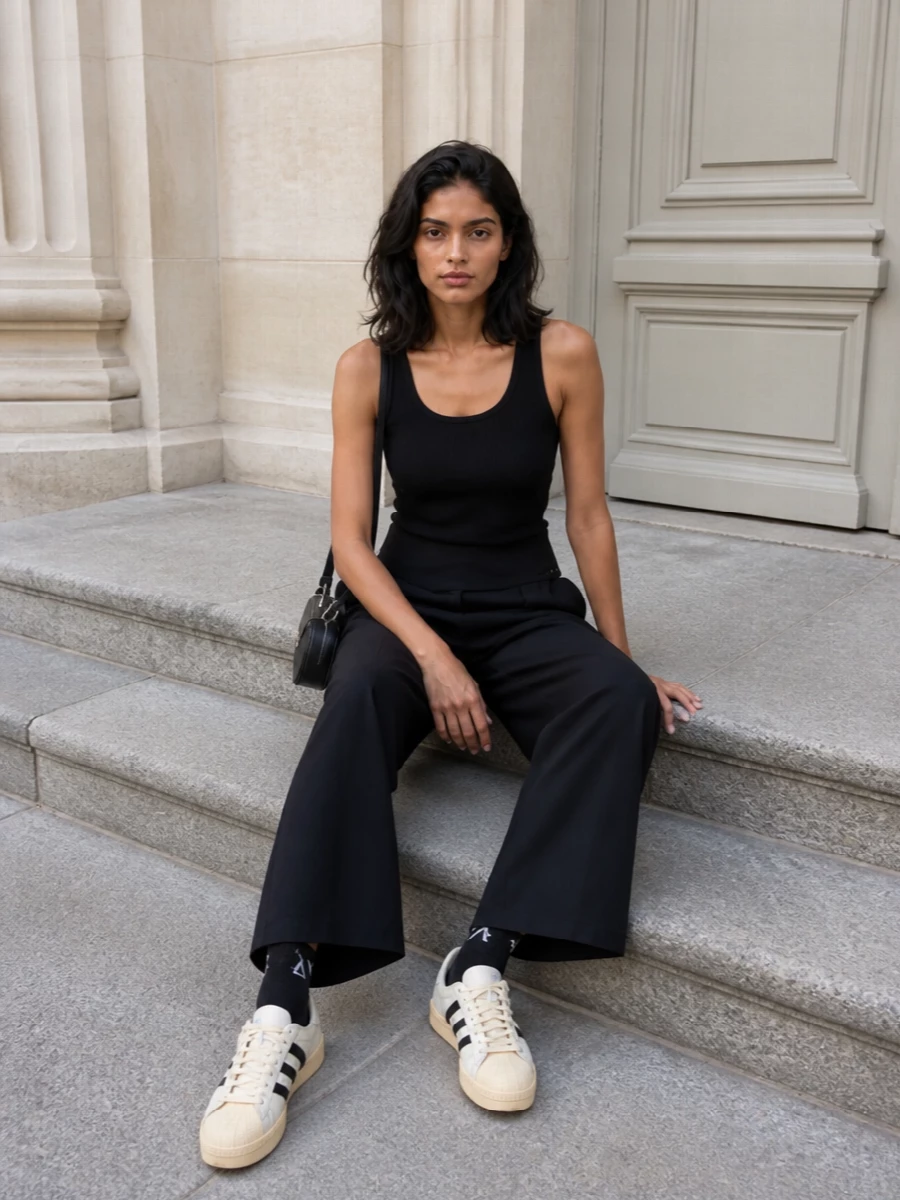 Entire Studios’ ribbed tank meets its match in those wrapped waistband wide-leg trousers, giving a clean column of black with just enough structure. Retro Adidas sneakers and the tiny Acne crossbody keep it casual but intentional, cutting any stiffness from the tailoring. Logo socks peeking between cuff and shoe finish it with a small, graphic hit that still feels quiet.