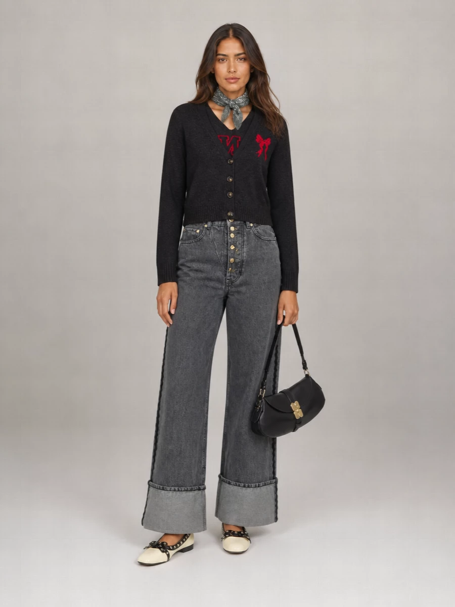 Ganni Jacquard Wool-Blend V-Neck Cardigan