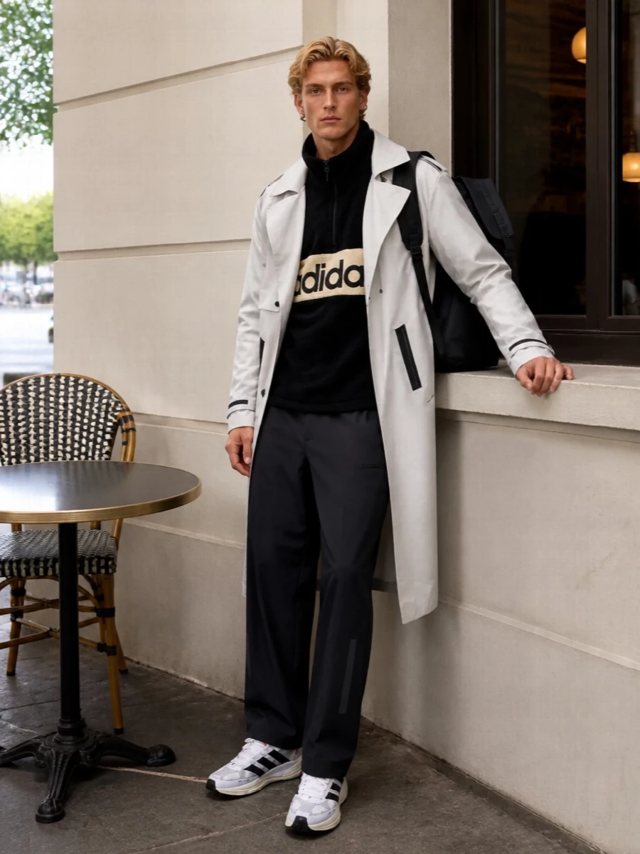 Adidas trench technical pants sneakers outfit